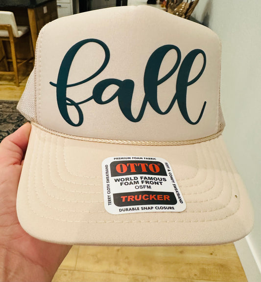 Fall Puff Forest Green Vinyl on Tan Unisex Foam Trucker Hat