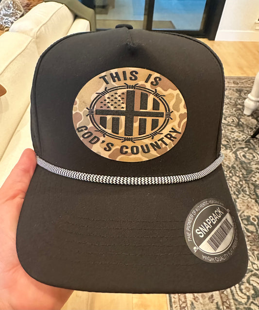 This is Gods Country Duck Camo Leather Patch Black Unisex Rope Hat