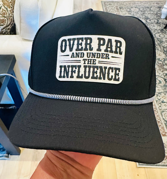Over Par and Under The Influence- Golf ball Textured Leather Patch Black Unisex Rope Hat