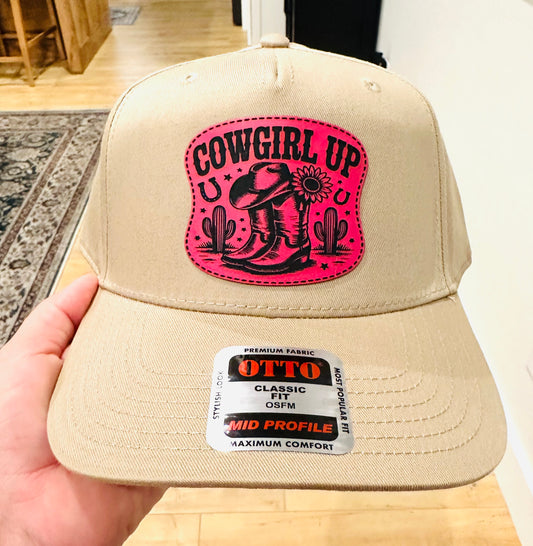 Cowgirl UP Pink Leather Hat Patch on Khaki Otto Trucker Hat