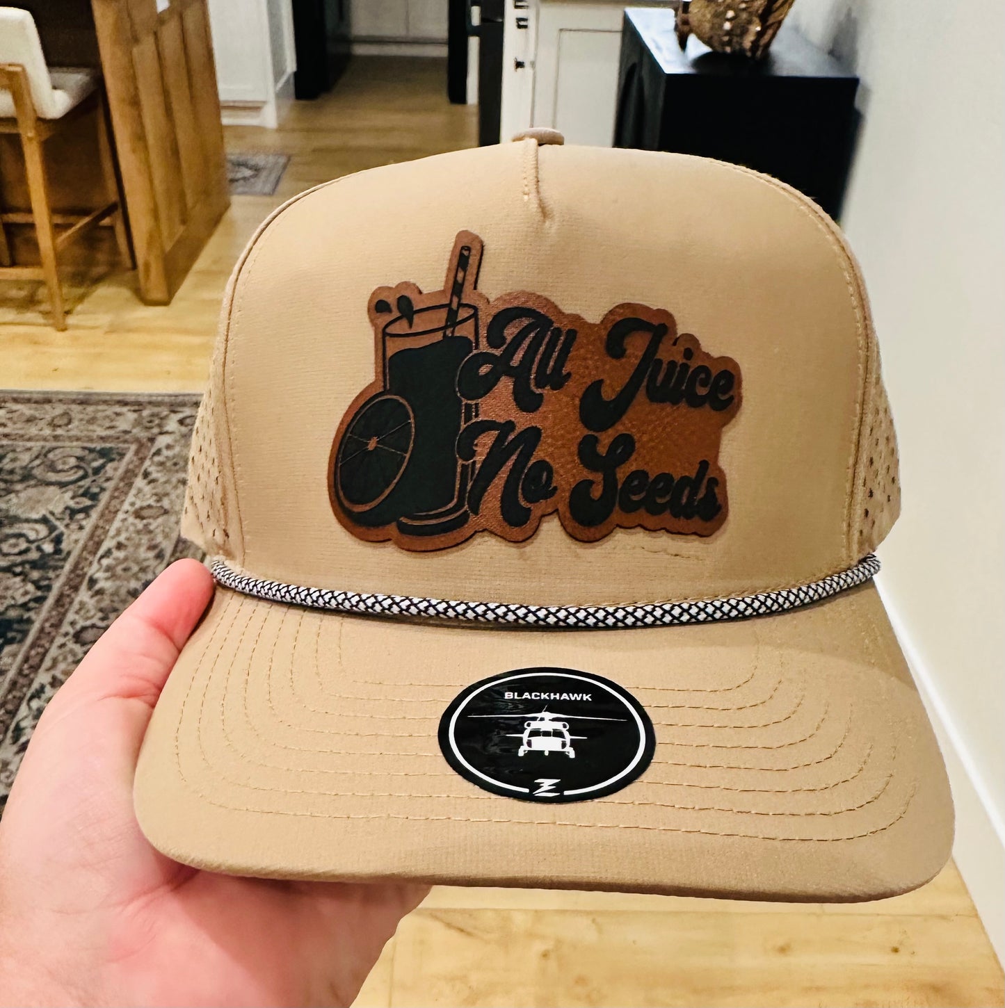 All Juice No Seeds Leather Hat Patch on Khaki Rope Performance Hat