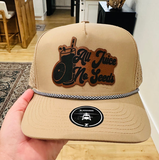 All Juice No Seeds Leather Hat Patch on Khaki Rope Performance Hat