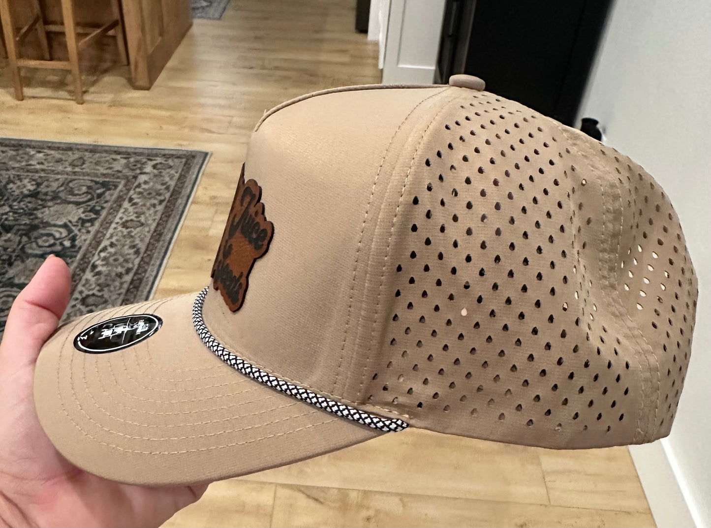 All Juice No Seeds Leather Hat Patch on Khaki Rope Performance Hat