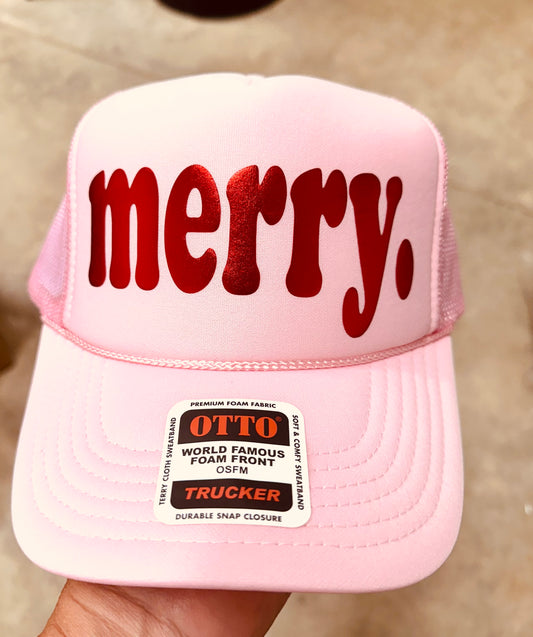 merry. 3D metallic red Puff Vinyl on a Light Pink Unisex Foam Trucker Hat