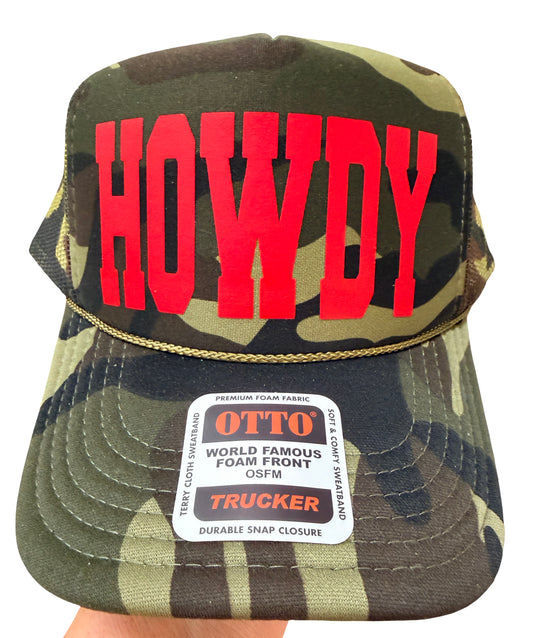 HOWDY RED Puff ON A Camo OTTO Trucker Hat