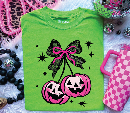 Jack-o-Lantern Cherries- Neon Green Next Level Unisex Graphic Tee