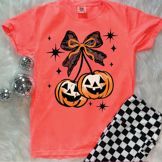 Jack-o-Lantern Cherries- Neon Red Orange Comfort Color Unisex Graphic Tee