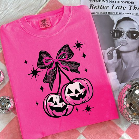 Jack-o-Lantern Cherries- Neon Pink Comfort Color Unisex Graphic Tee