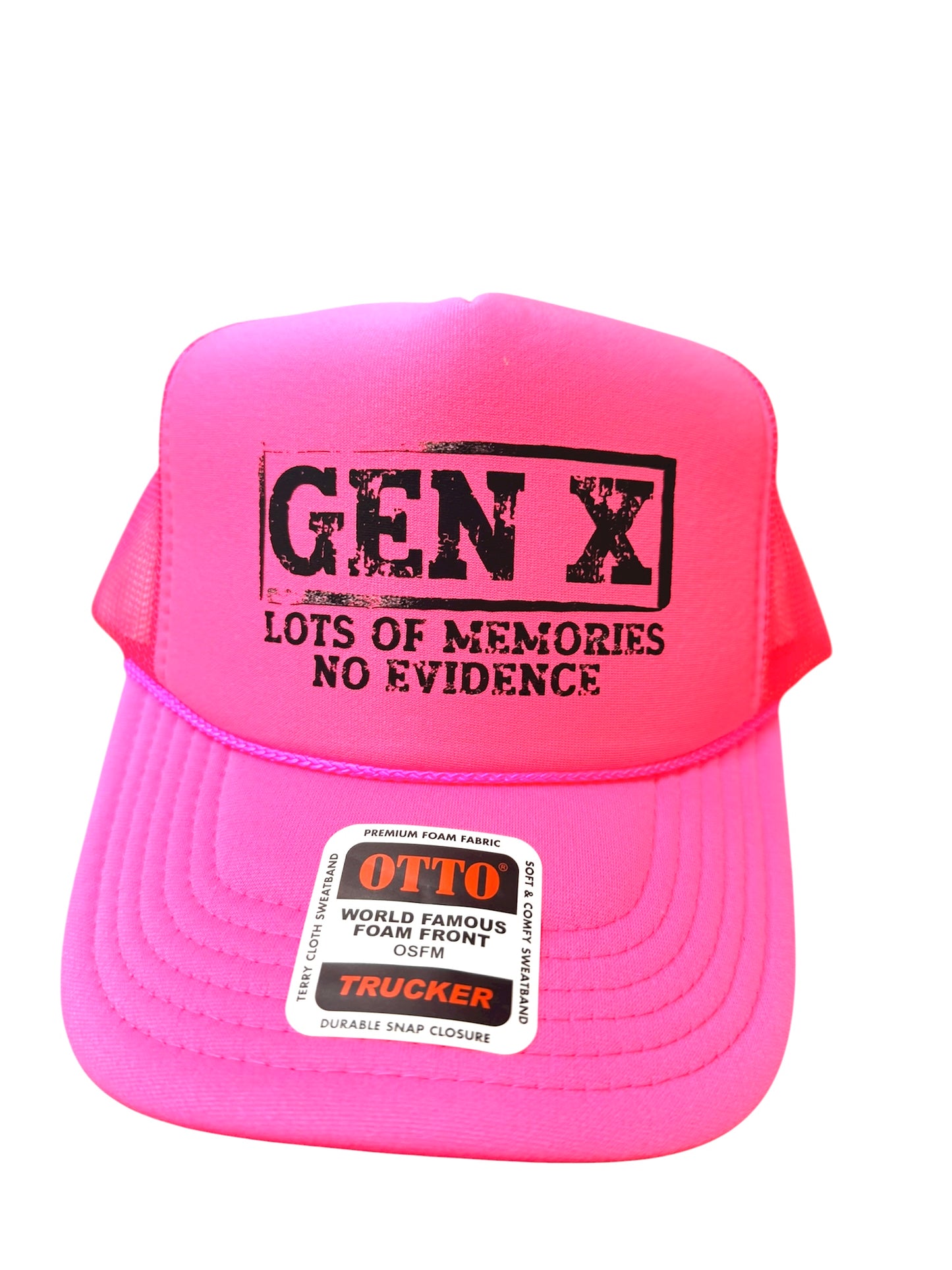 Gen X Lots of Memories on a Neon Pink Unisex Foam Trucker Hat