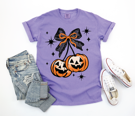Jack-o-Lantern Cherries- Violet Comfort Color Unisex Graphic Tee