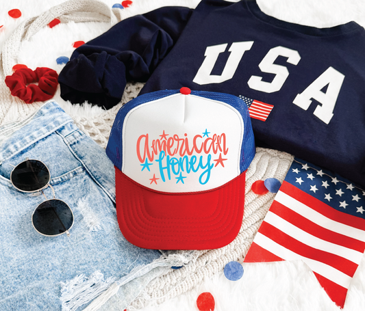 American Honey- Unisex Red, White, and Blue Foam Trucker Hat