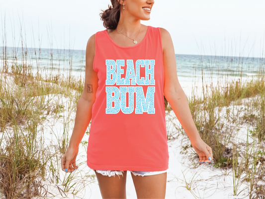 Beach Bum Blue Leopard- Neon Red Orange Unisex Comfort Color Graphic Tank