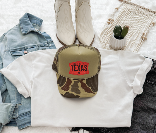 Bigger Better Texas-Camo and Olive Unisex Foam Trucker Hat