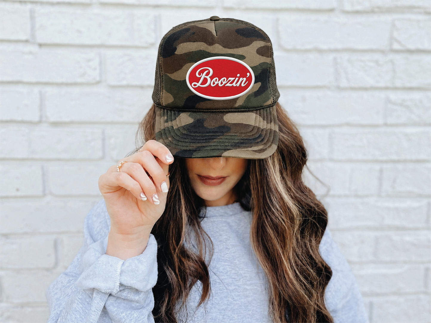 Boozin' Faux Patch DTF Camo OTTO Trucker Hat