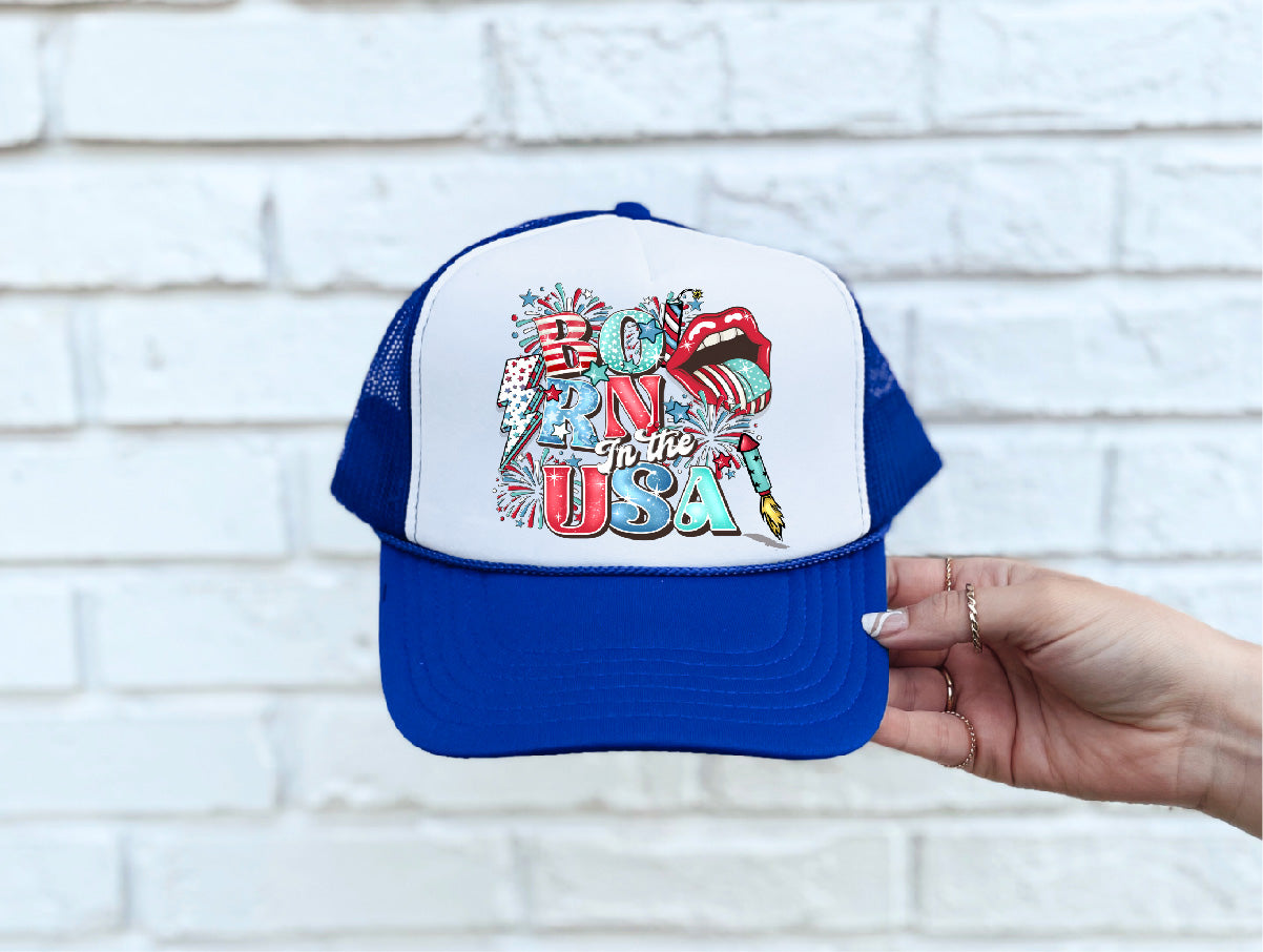 Retro Born in the USA Blue & White Trucker Hat