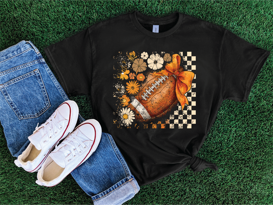 Checkered Floral Football-Black Comfort Color Unisex Graphic Tee