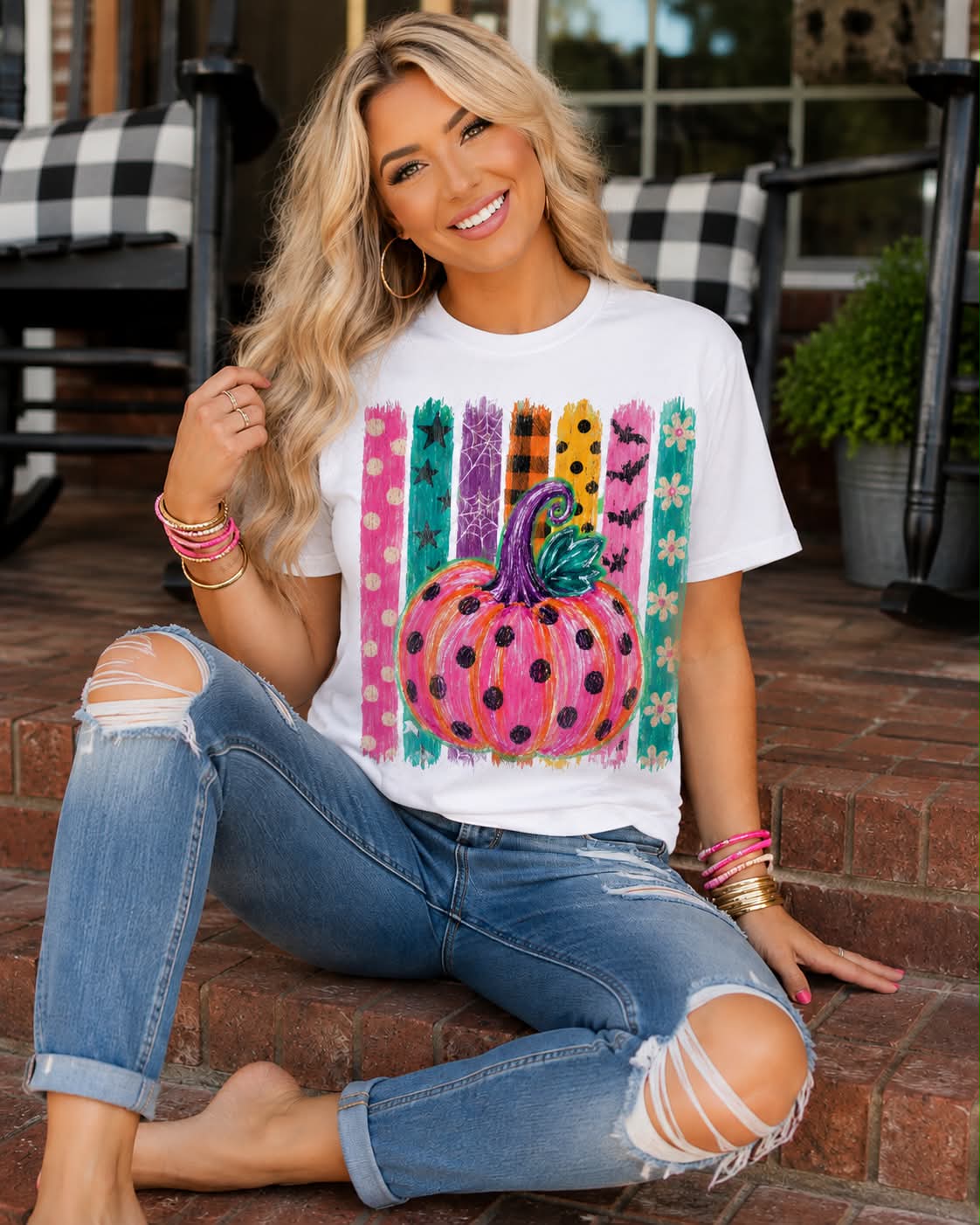Neon Pumpkin Pattern Stripes - White Comfort Color Unisex Graphic Tee