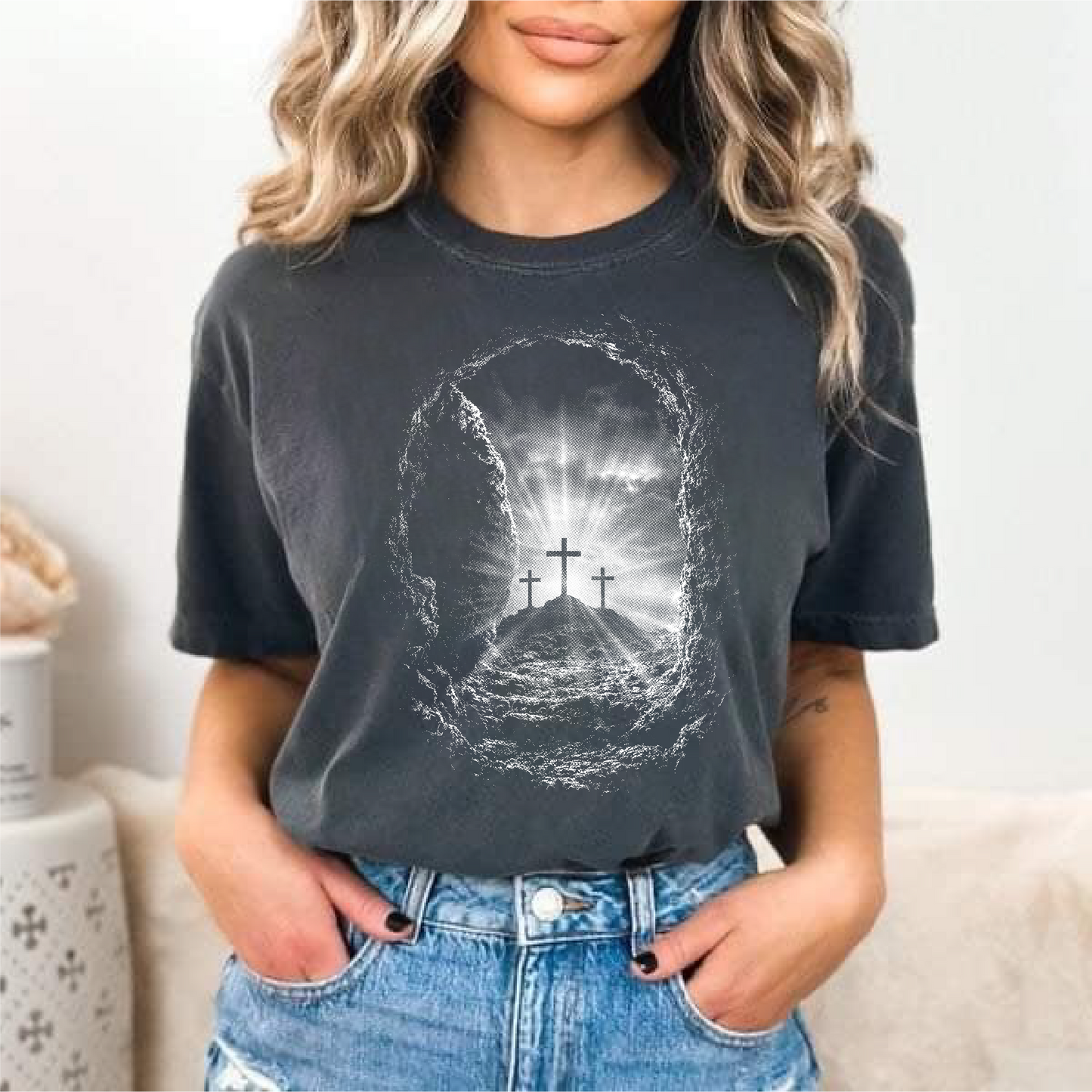 Empty Tomb Resurrection Crosses - Unisex Pepper Comfort Color Tee