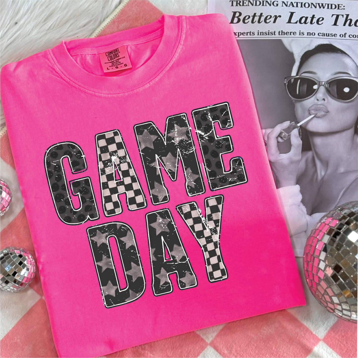 Game Day Pattern Letters- Neon Pink Comfort Color Unisex Graphic Tee