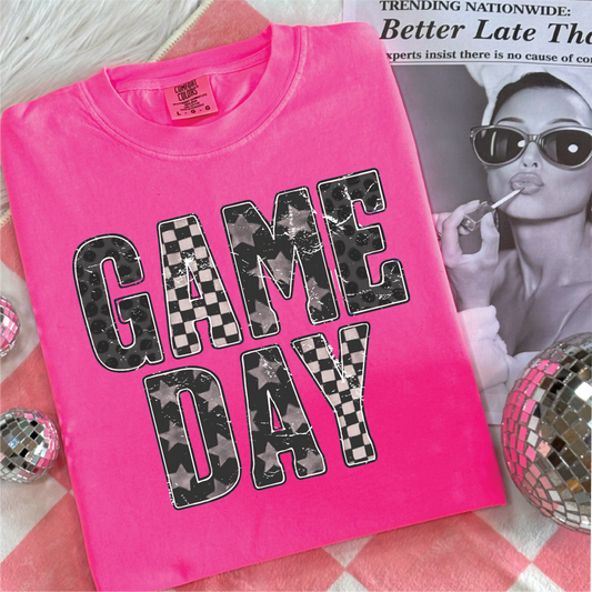 Game Day Pattern Letters- Neon Pink Comfort Color Unisex Graphic Tee