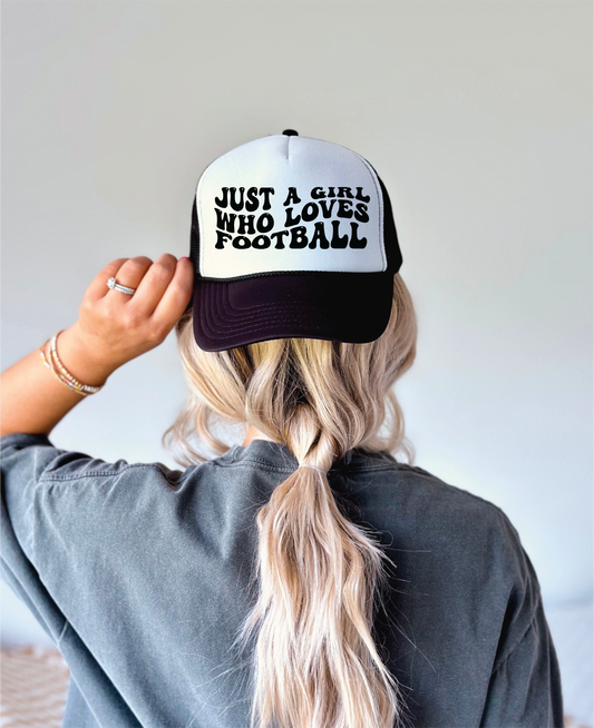 Just a Girl Who Loves Football- Black and White Unisex Foam Trucker Hat