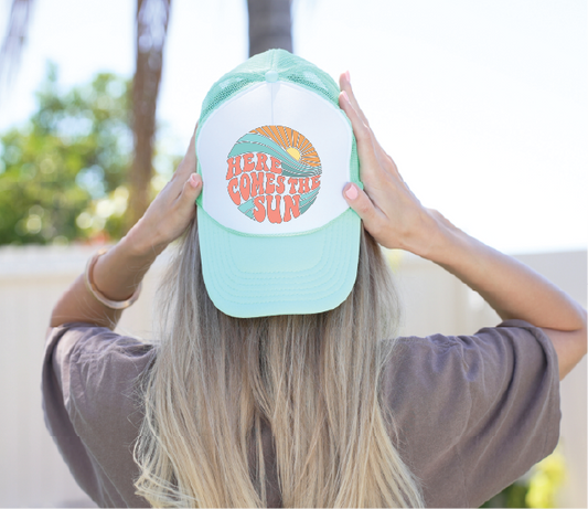 Here Comes The Sun-  Seafoam and White Unisex Foam Trucker Hat
