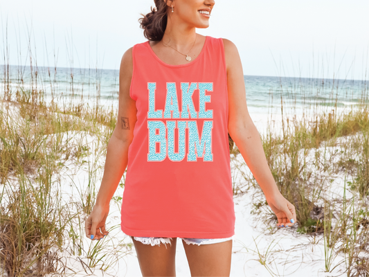 Lake Bum Blue Leopard- Neon Red Orange Unisex Comfort Color Graphic Tank
