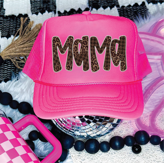 Mama Checkered Leopard-  Neon Pink Unisex Foam Trucker Hat