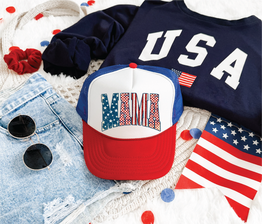 Patriotic Mama Faux Glitter- Unisex Red,White, and Blue Foam Trucker Hat