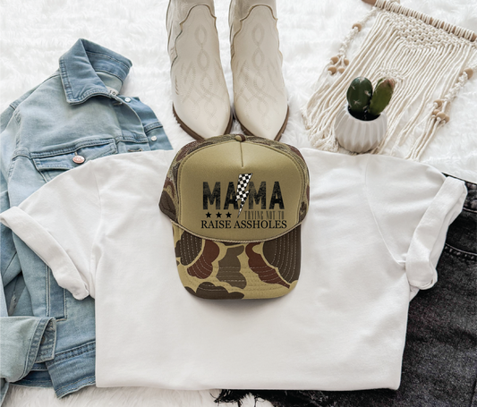 Mama Trying Not To Raise A$$holes- Camo and Olive Unisex Foam Trucker Hat