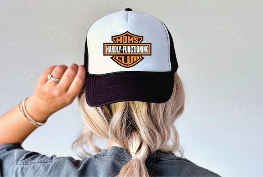 Moms Hardly Functioning Club - UNISEX BLACK AND WHITE TRUCKER HAT