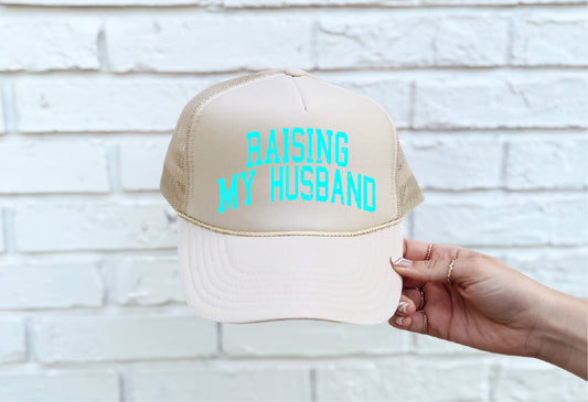 Raising My Husband Tan Trucker Hat
