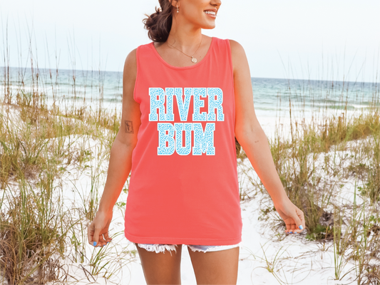 River Bum Blue Leopard- Neon Red Orange Unisex Comfort Color Graphic Tank