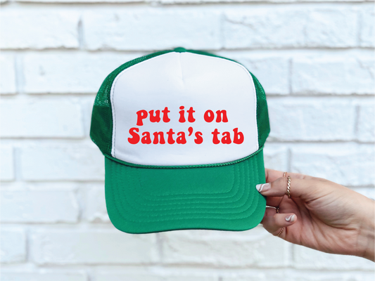 Put it on Santa's Tab Green and White Hat- Red Font Trucker Hat